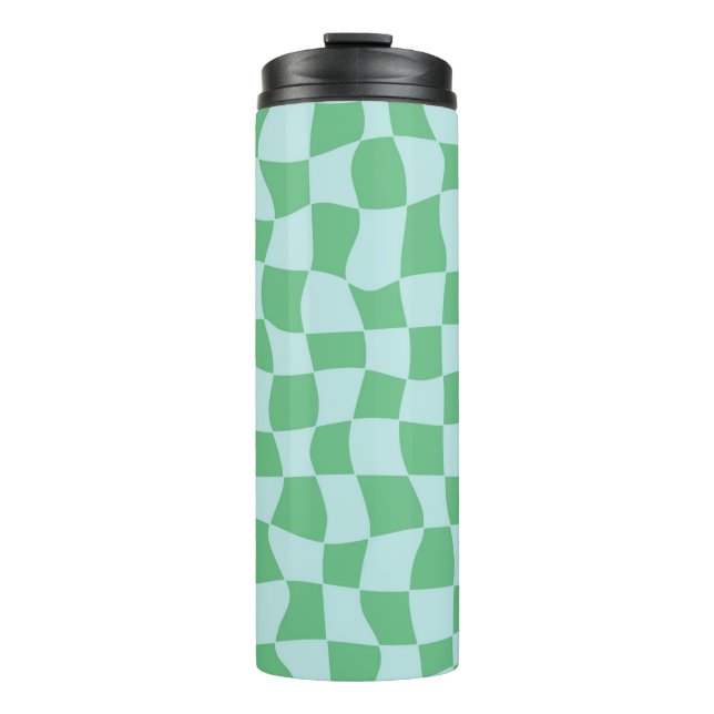 Retro Warped Pastel Blue Checks Chequered Thermal Tumbler (Front)