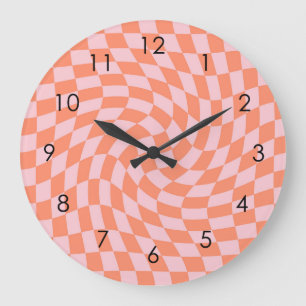 Retro Warped Pastel Coral Pink Checks Chequered Large Clock