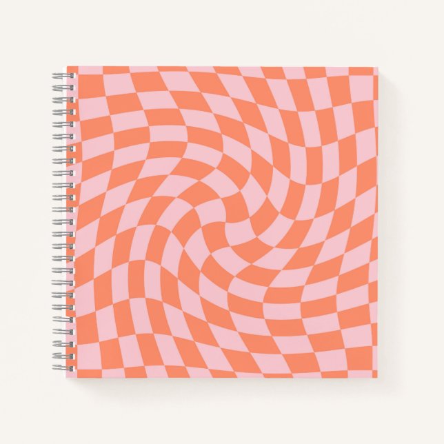 Retro Warped Pastel Coral Pink Checks Chequered Notebook (Front)