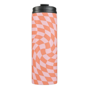 Retro Warped Pastel Coral Pink Checks Chequered Thermal Tumbler