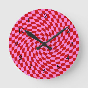 Retro Warped Red Pink Checks Chequered      Round Clock