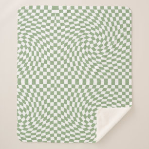 Retro Warped Sage Green White Checks Checkered   Sherpa Blanket
