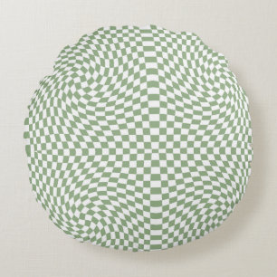Retro Warped Sage Green White Checks Chequered  Round Pillow