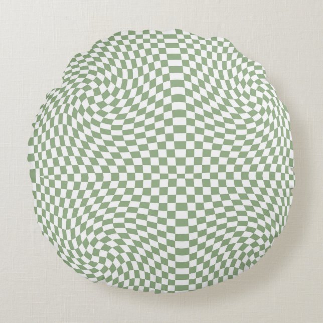 Retro Warped Sage Green White Checks Chequered  Round Pillow (Front)