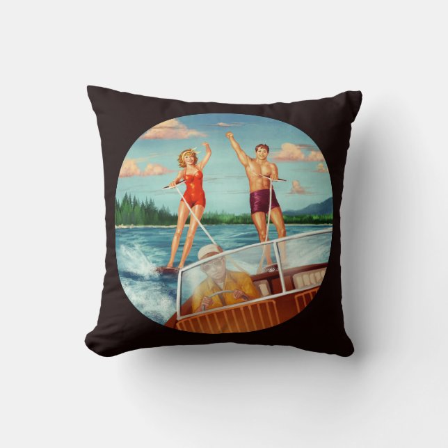 Retro Water Skiing Throw Pillow (Front)