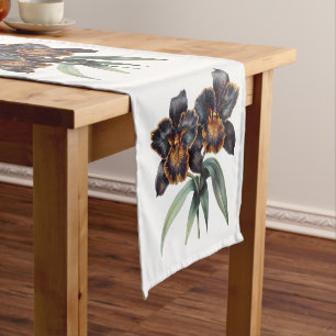 Retro watercolor black and gold orchids short table runner