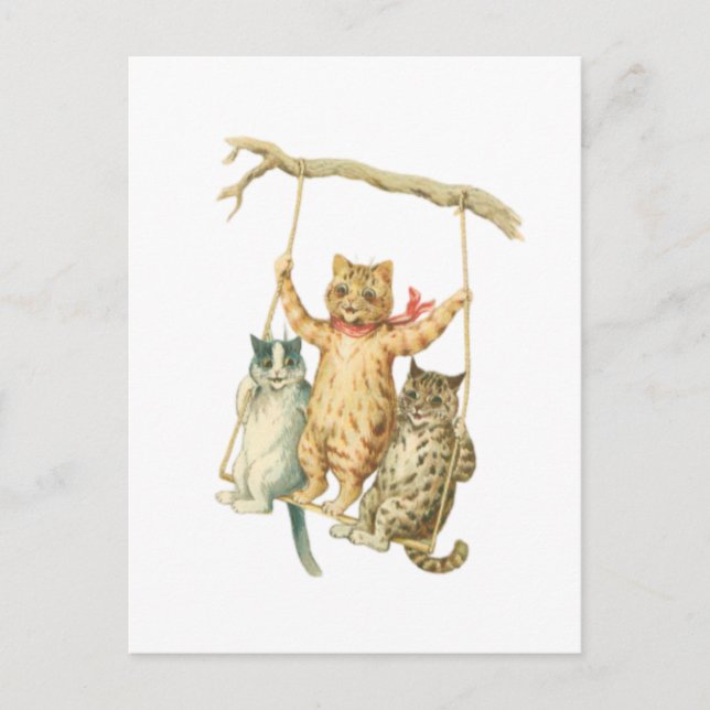 Retro Watercolor Cartoon Cats Swinging From a Tree Postcard (Front)