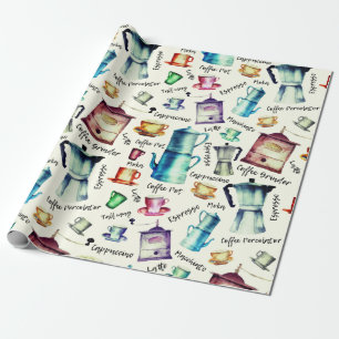 Retro Watercolor Coffee Pots Cups Pattern Wrapping Paper