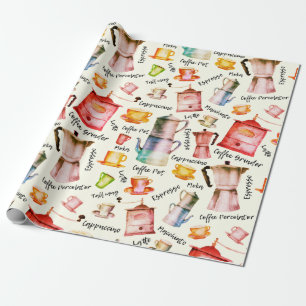 Retro Watercolor Coffee Pots Cups Pattern Wrapping Paper