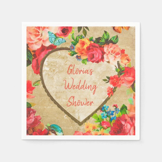 Retro Watercolor Floral Heart Frame Napkin (Front)