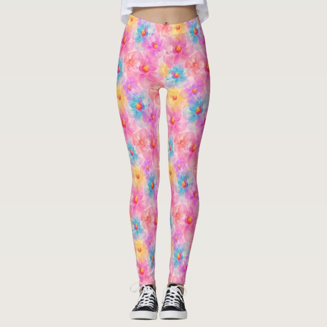 Retro Watercolor Floral Pattern Leggings (Front)