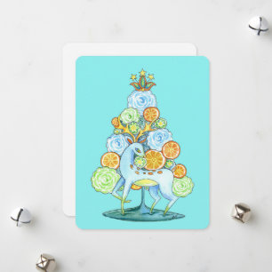 Retro Watercolor Flower Tree w/ Deer Holiday Card 