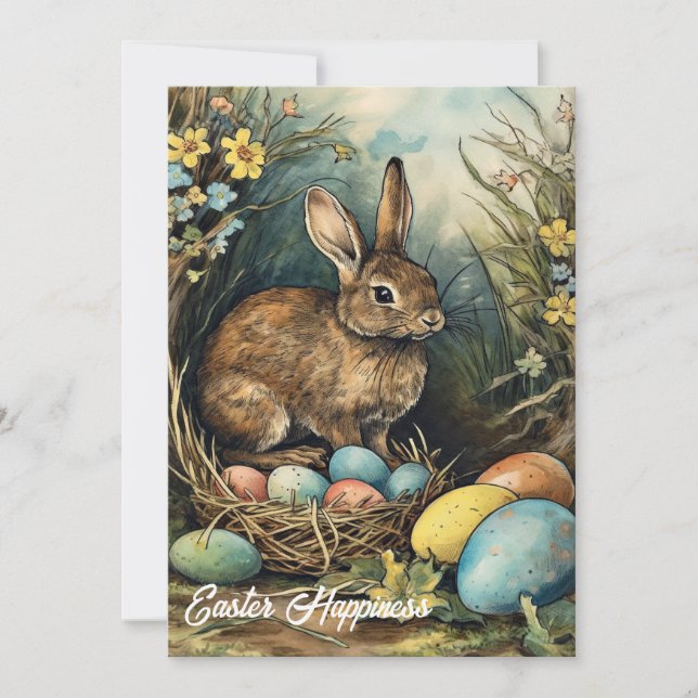 Retro watercolor illustration Easter rabbit  Holiday Card (Front)