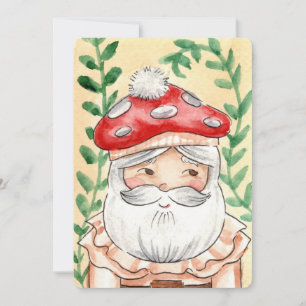 Retro Watercolor Mushroom Elf Santa Holiday Card