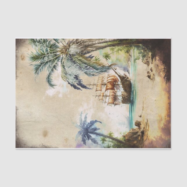 Retro Watercolor Pirate Ship Palm Tree Decoupage Tissue Paper (Front)