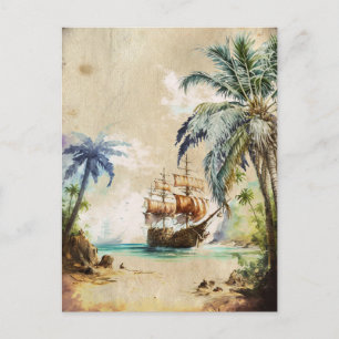 Retro Watercolor Pirate Ship Palm Trees Old Paper Postcard