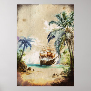 Retro Watercolor Pirate Ship Palm Trees Old Paper Poster