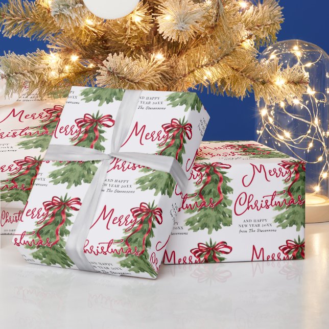 Retro Watercolor Red Bow Tree Custom Christmas Wrapping Paper (Holidays)