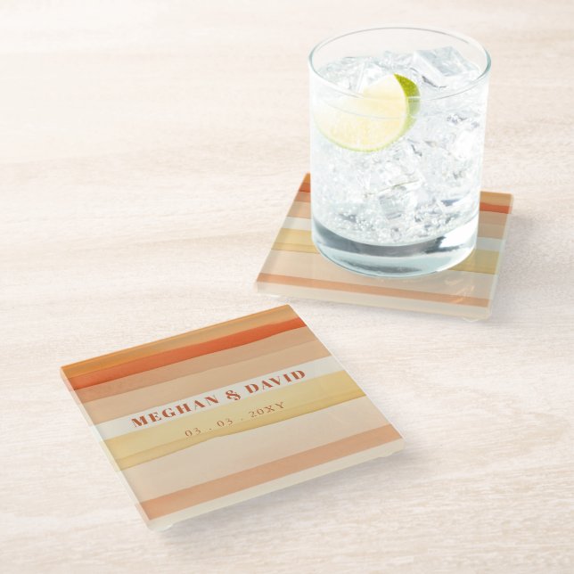 Retro Watercolor Stripes Terracotta Orange Wedding Glass Coaster (Angled)