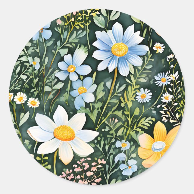 Retro Watercolor Wildflowers Seamless Pattern Classic Round Sticker (Front)