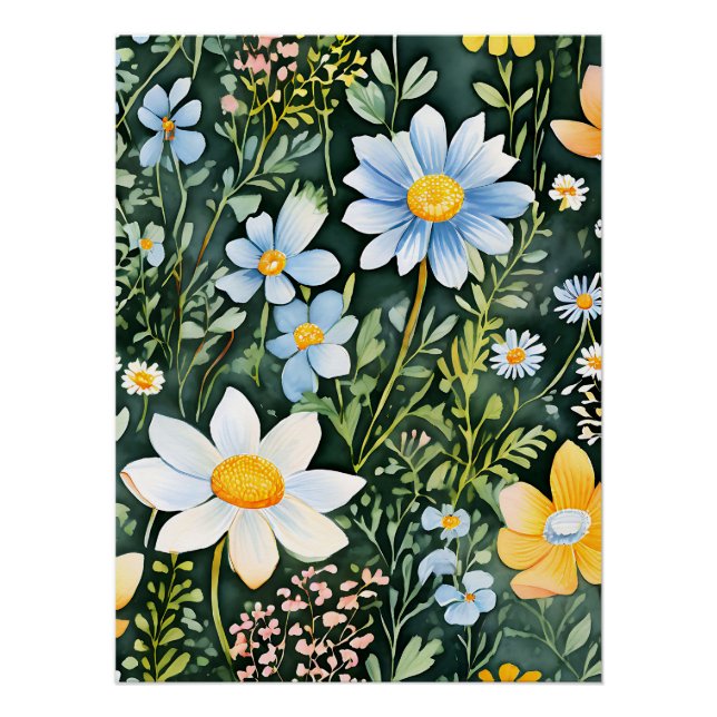 Retro Watercolor Wildflowers Seamless Pattern Poster (Front)