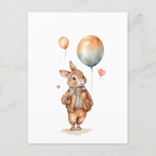 Retro watercolour Little bunny boy with balloons  Postcard