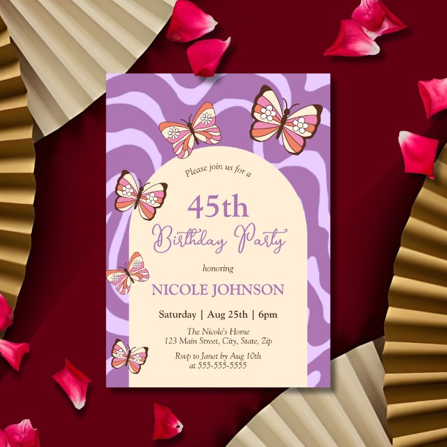 Retro Wave Butterfly Beige Purple Birthday Invitation (Creator Uploaded)