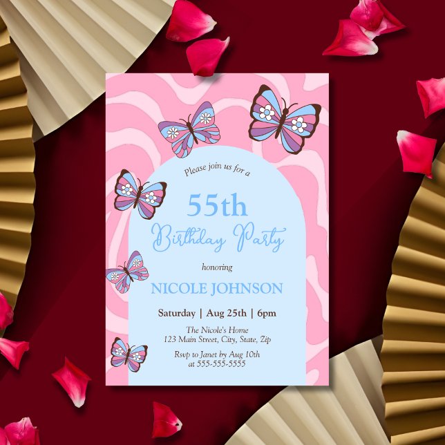 Retro Wave Butterfly Pink Blue Birthday Invitation (Creator Uploaded)