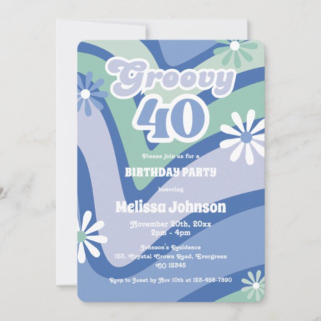 Retro Wave Daisies Groovy 40th Blue Birthday Invitation (Front)