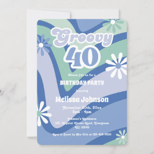 Retro Wave Daisies Groovy 40th Blue Birthday Invitation
