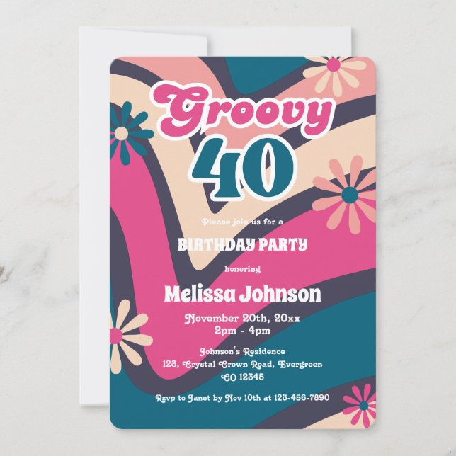 Retro Wave Daisies Groovy 40th Bubblegum Birthday Invitation (Front)