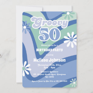 Retro Wave Daisies Groovy 50th Blue Birthday Invitation
