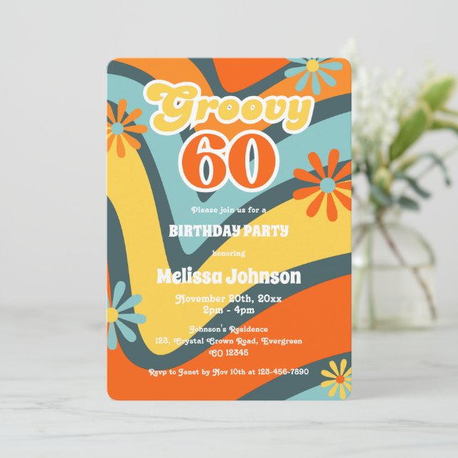 Retro Wave Daisies Groovy 60th Green Birthday Invitation (Standing Front)
