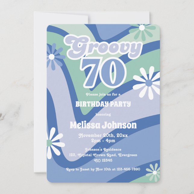Retro Wave Daisies Groovy 70th Blue Birthday Invitation (Front)