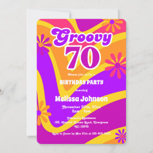 Retro Wave Daisies Groovy 70th Orange Birthday Invitation