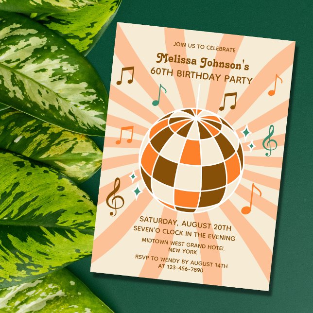 Retro Wave Disco Ball Musical Orange Birthday Invitation (Creator Uploaded)