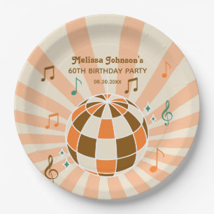 Retro Wave Disco Ball Musical Orange Birthday Paper Plate