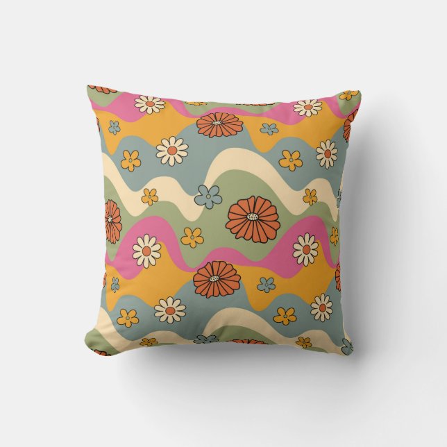 Retro Wave Floral Pattern Throw Pillow (Front)