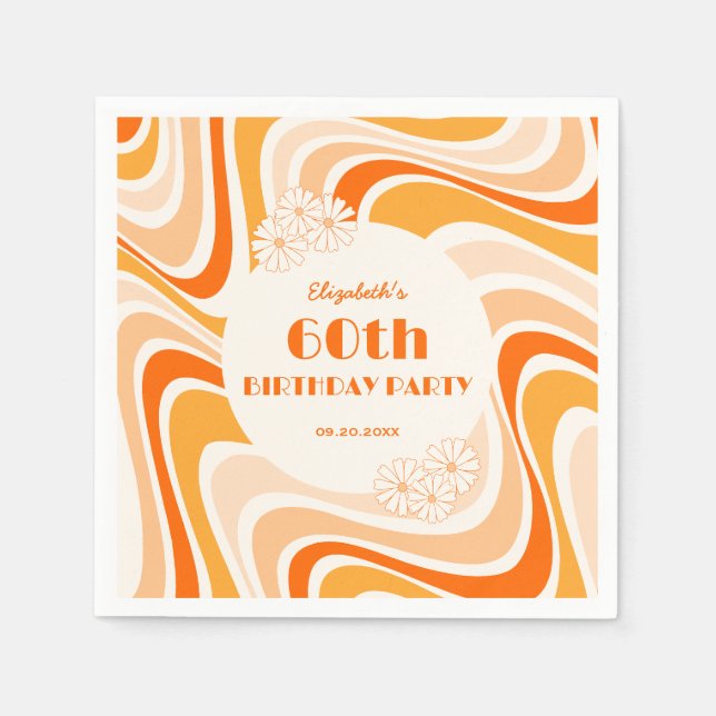 Retro Wave Flower Orange Peach Birthday Napkin (Front)