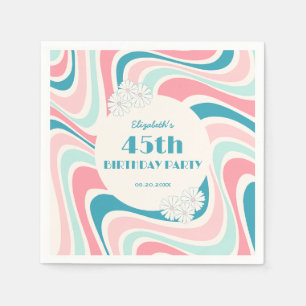 Retro Wave Flower Pink Green Birthday Napkin