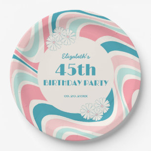 Retro Wave Flower Pink Green Birthday Paper Plate