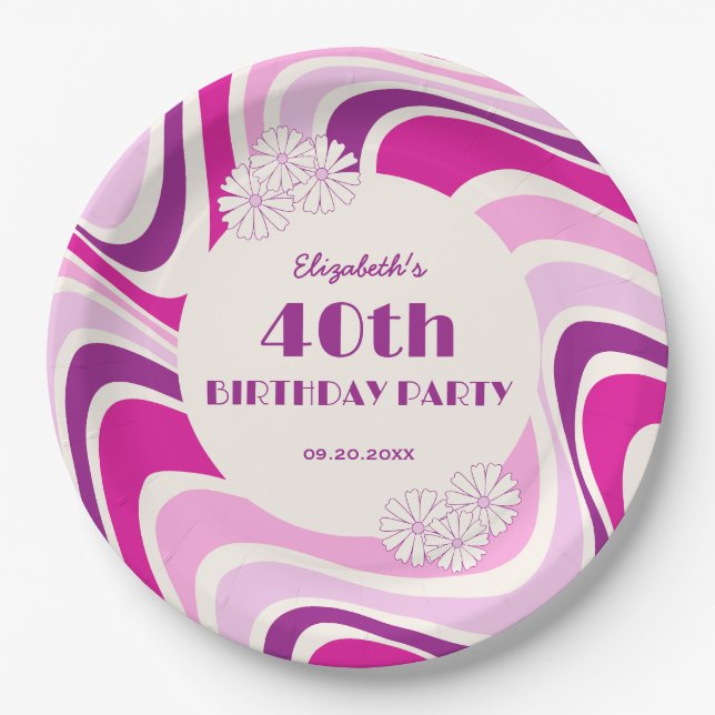 Retro Wave Flower Purple Pink Birthday Paper Plate (Front)