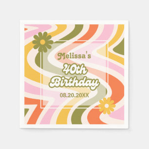 Retro Wave Groovy Flower Green 40th Birthday  Napkin