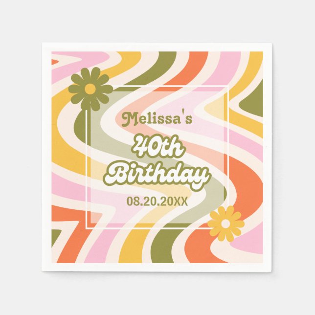 Retro Wave Groovy Flower Green 40th Birthday  Napkin (Front)