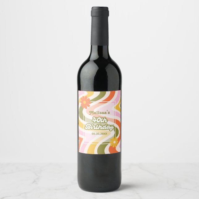 Retro Wave Groovy Flower Green 40th Birthday  Wine Label (Front)