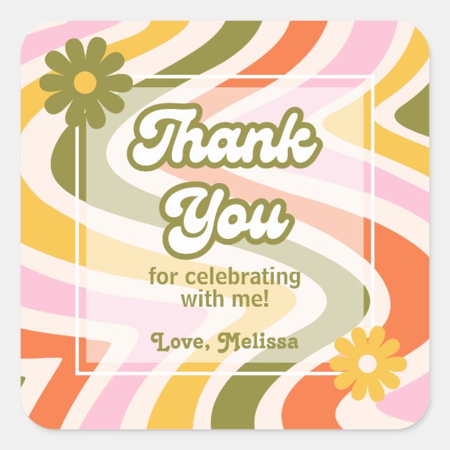 Retro Wave Groovy Flower Green Birthday Thank You Square Sticker (Front)