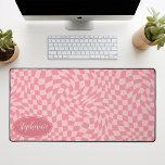 Retro Wave: Modern Wavy Pink Chequerboard Pattern Desk Mat<br><div class="desc">Elevate your workspace with this Modern Wavy Chequerboard Pattern Personalized Desk Mat. This mat presents a playful twist on a classic chequerboard, brought to life with an undulating wave pattern in shades of blush pink. The personalized feature offers an extra touch of individuality, making your workspace truly your own. Its...</div>