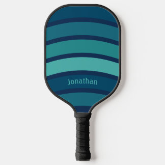 Retro Wave Stripes & Name in Shades of Blue & Teal Pickleball Paddle