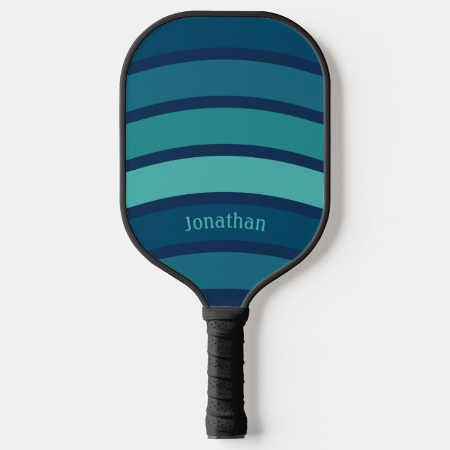 Retro Wave Stripes & Name in Shades of Blue & Teal Pickleball Paddle (Front)