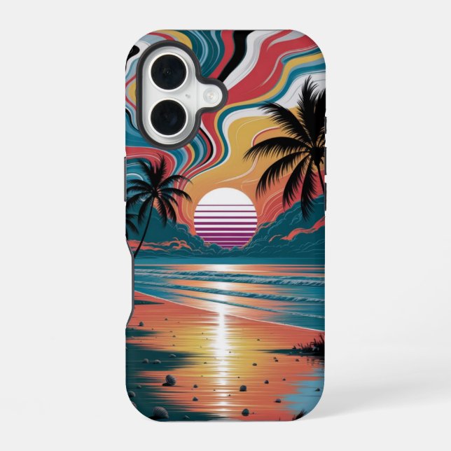 Retro Wave Sunset iPhone 16 Case (Back)